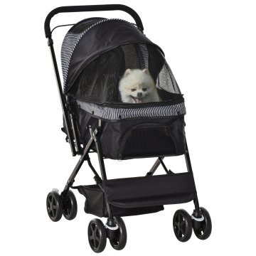PAWHUT Voziček za male pse 10 kg zložljiv z vrtljivim ročajem kolesa z zavorami iz EVA, voziček za pse s košaro za shranjevanje 76.5x52x95cm, črn