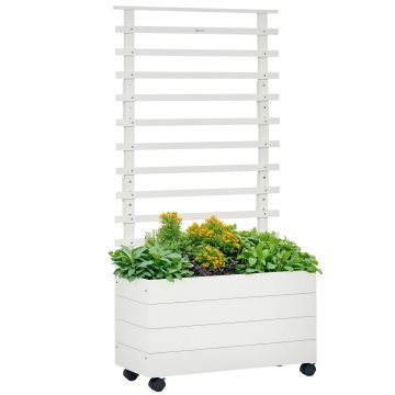 OUTSUNNY Zunanja dvignjena vertikalna cvetličarna s 4 kolesi in rešetko za plezalke iz jelkovega lesa, 76x30x155cm, bela