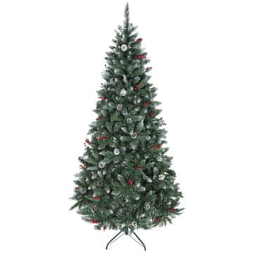 HOMCOM Božično drevo s snegom visoko 210 cm z 928 vejami, umetno božično drevo za notranjo uporabo s storži in rdečimi okrasnimi jagodami, zložljivo kovinsko podnožje, enostavno za montažo, zeleno