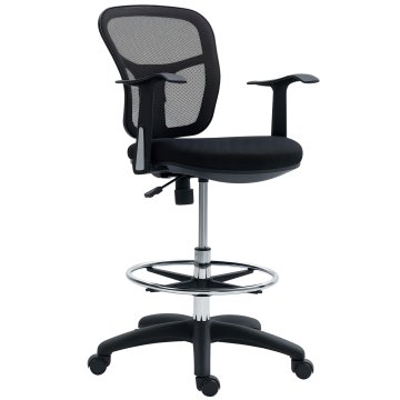 HOMCOM Sedia da ufficio girevole con anello poggiapiedi e schienale ricurvo, sedia ergonomica in poliestere, schiuma e plastica, regolabile in altezza, 55x58x94 cm, nero