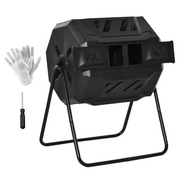 OUTSUNNY Vrtni vrtljivi kompostnik z 2 oddelkoma in 8 zračniki, domači kompostnik iz jekla in PP, 160 L, za kompostiranje organskih odpadkov, 71x65x96 cm, črn