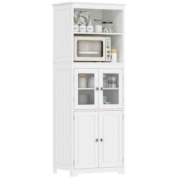 HOMCOM Kredenca kuhinja z 2 odprtimi policami in 2 omaricami z vrati, pohištvo za kuhinjo iz MDF in kaljenega stekla, 60x30x162 cm, bela