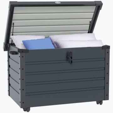 OUTSUNNY Vrtni zaboj 295L z ključavnico, 2 ročaji in 4 kolesa, premični shranjevalnik iz pocinkanega jekla, 100x62x65 cm, temno siva