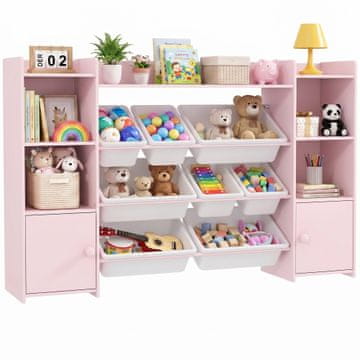 AIYAPLAY Polica za igrače za otroke, Montessori knjižna polica za otroke iz lesa s 8 odstranljivimi vsebniki in omaricami, mobilni regal za igrače za otroško sobo, 140x30x90 cm, roza