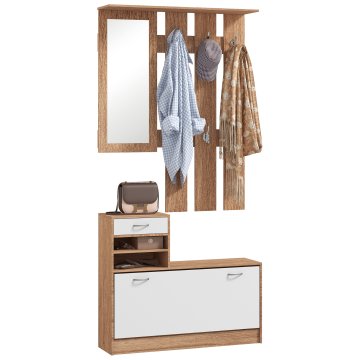HOMCOM Komplet sodobnega vhodnega pohištva s čevljarnico in ogledalom, obešalnik za vhod s 6 kavljami, 2 nastavljivima policama in lesenimi predali za hodnik, 90x24x177 cm, bela in oreh