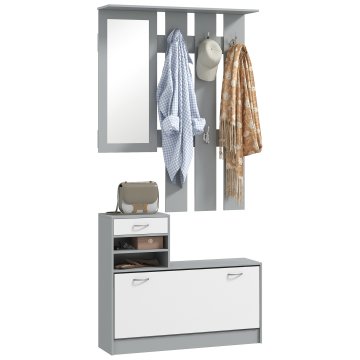 HOMCOM Komplet modernega vhodnega pohištva s čevljarsko omarico in ogledalom, vhodni obešalnik s 6 kavlji, 2 nastavljivima policama in lesenimi predali za hodnik, 90x10x91 cm, bela in temno siva