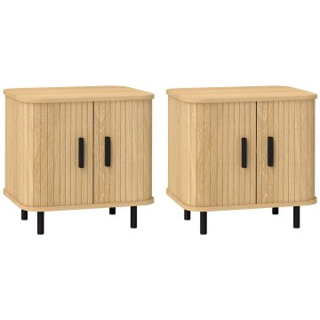 HOMCOM Komplet 2 nočnih omaric v nordijskem slogu z regalom na 2 nivojih in drsna vrata, nočne omarice za spalnico iz lesa in jekla, 48x40x48 cm, hrast