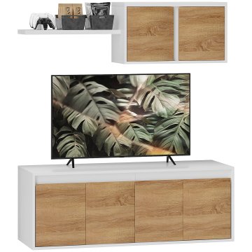 HOMCOM Komplet mobilni TV in stenska omarica s 7 policami in odprto polico, mobilni TV nosilec v iverici, 120x41x43.3 cm, bela in lesena barva