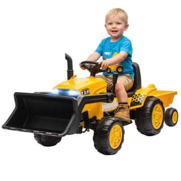 AIYAPLAY 12V električni bager za otroke z žlico in odstranljivo prikolico, jahalni električni traktor z 2 motorjema, daljinski upravljalnik, brezžična povezava, USB, luči in glasba, 3-8 let, rumena