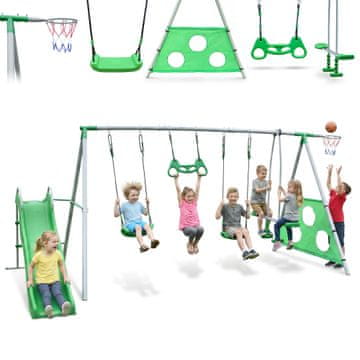 HyperMotion Vrtno otroško igrišče z gugalnicami, toboganom in trapezom - nosilnost ogrodja 300 kg, največ 6 oseb, starost nad 3 leta, odpornost na UV