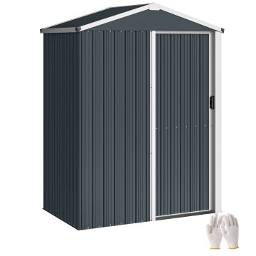 OUTSUNNY Vrtna hišica 1.1m² iz pocinkanega jekla, vrtna lopa z enojnimi drsnimi zaklepnimi vrati, poševna streha, rokavice, lopa za orodje, 136x87x176 cm, temno siva