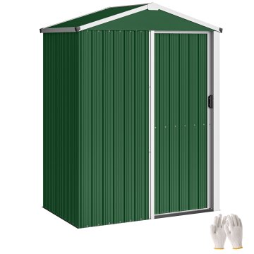 OUTSUNNY Vrtna hišica 1.1m² iz pocinkanega jekla, vrtna lopa z enojnimi drsnimi vrati, ki se zaklenejo, poševna streha, rokavice, lopa za orodje, 136x87x176 cm, zelena