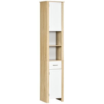 KLEANKIN Colona bagno, visoka kopalniška omara iz iverne plošče z enim predalom, 2 omaricama in 2 odprtima regulabilnima policama, 37x30x184 cm, bela in barva lesa