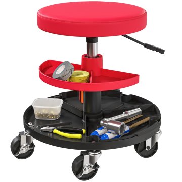 HOMCOM Stol za delavnico s kolesi 6 cm, stol za mehanika, nastavljiva višina 40-51 cm, trpežen oblazinjen sedež s pladnji za orodje, nosilnost 135 kg, rdeč