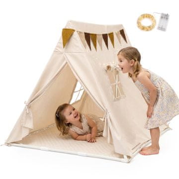 Mamabrum Otroški tipi šotor v bež barvi z mehko talno podlogo - 110 x 110 x 120 cm, LED-girlanda 4 m, za sobo in vrt, plastično ogrodje
