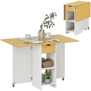 HOMCOM Zložljiva jedilna miza, preklopna miza za 2-4 osebe, sodobna prostorsko varčna kuhinjska miza s predalom, 2 policama in 2 kolesi, lesena, 114.5x70x75 cm, hrast