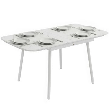 OUTSUNNY Vrtna miza za 6 oseb 140x80 cm, pravokotna zunanja jedilna miza s ploščo iz lesno-plastičnega kompozita z marmornatim učinkom, kovinska konstrukcija za patio, teraso, balkon, bela