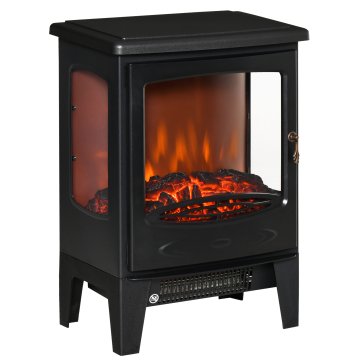 HOMCOM Električni kamin s plamenskim učinkom in 3 odprtimi stranicami, nastavljiva temperatura 900W-1800W, zaščita pred pregrevanjem, pokritost 20-25M², 39x26x54.8cm, črna