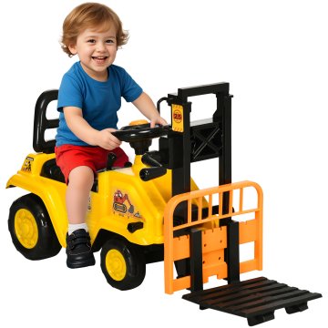 HOMCOM Jahalni traktor za otroke 3-4 let z viličarjem, gumb za zvoke in skrit prostor za shranjevanje, iz PP in ABS, 86x27.5x47.5 cm, rumen in črn