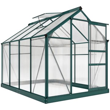 OUTSUNNY Vrtni rastlinjak iz polikarbonata z okvirjem iz aluminijeve zlitine 4.79m2, rastlinjak za vrt z žlebovi, strešno okno za prezračevanje, drsna vrata, za rastline, 190x252x201cm, zelena
