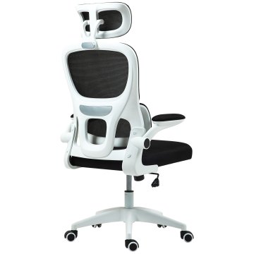 HOMCOM Ergonomski pisarniški stol z dvigajočimi se nasloni za roke in naslonom za glavo, vrtljivi pisarniški stol z nastavljivo višino, ledveno oporo in funkcijo zibanja v mrežasti tkanini za študij, črn