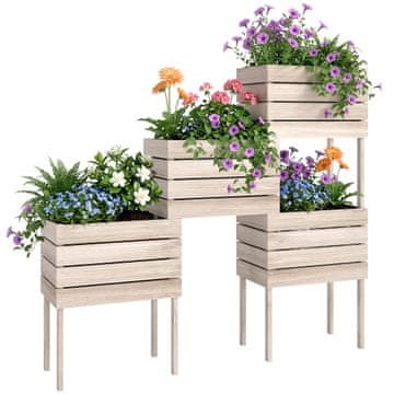 OUTSUNNY Zunanja cvetlična posoda s 4 lonci za rastline 50x30x60cm, dvignjena lesena greda za vrt naravne barve