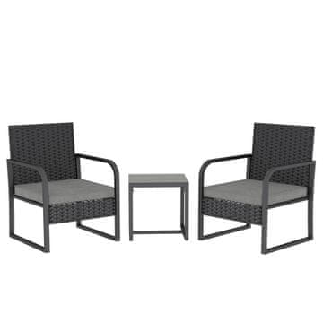 OUTSUNNY Set da giardino 3 pezzi v rattan PE in jeklo, set 2 stolov s pranimi blazinami in kavna miza s stekleno ploščo, komplet pohištva za balkon, za teraso in dvorišče, temno siva in črna