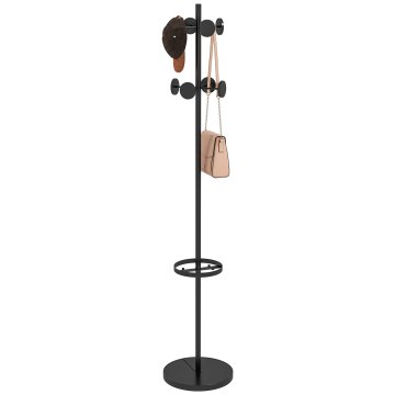 HOMCOM Stojalo za obesila s stojalom za dežnike, obešalnik za vhod in hodnik z 8 kovinskimi kavlji Ø34 x 177cm, črna