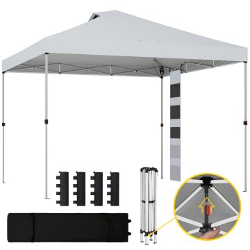 OUTSUNNY Zložljiv gazebo 3x3m pop up enostavno sestavljanje s središčnim gumbom, vrtni gazebo nastavljiva višina z žepi za shranjevanje, vreče s peskom, torba na kolesih, UV50+ za zunanje zabave bela