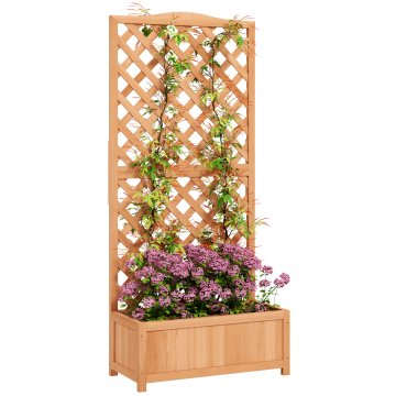 OUTSUNNY Zunanja dvignjena greda z rešetko, zunanji cvetlični zaboj z rešetko za plezalne rastline iz smrekovega lesa, za rože in zelenjavo, za vrt in balkon, 76x36x170 cm, rjava
