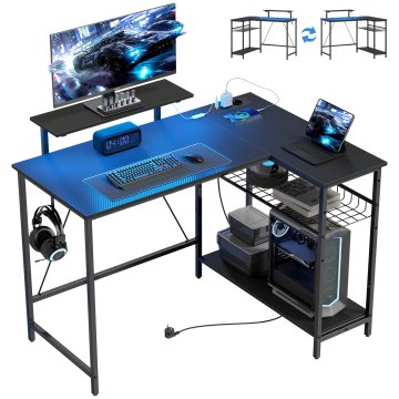 HOMCOM Gaming miza povratna v obliki črke l z LED, električne vtičnice, 114.5x82cm kotna miza z nosilcem za monitor in nastavljivimi mrežastimi policami, gaming postaja za dom pisarno študij, črna