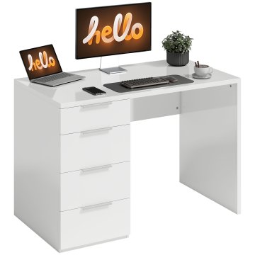 HOMCOM Miza za prihranek prostora, 110x61.5x75 cm miza moderna s 4 predali, miza za računalnik za dom, delovno sobo, spalnico in pisarno, bela sijajna