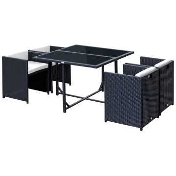 OUTSUNNY 5-Delni komplet vrtnega pohištva z jedilno mizo in 4 stoli z blazinami, sestavljiv v pravokotnik, črn, 109x109x72 cm