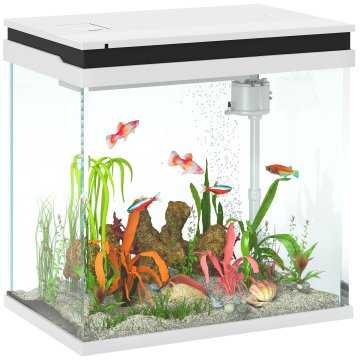 PAWHUT 26L akvarij iz stekla za rdeče ribe z LED osvetlitvijo, popoln akvarij s filtrom in vodno črpalko, posoda za tropske ribe, 38x26x38 cm, bel