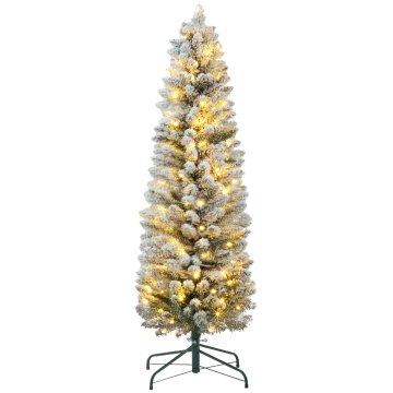HOMCOM Božično drevo vitko zasneženo z 263 vejami in vgrajenimi belimi LED lučmi, božično drevo umetno osvetljeno iz plastike in kovine, Ø45x150 cm, zeleno