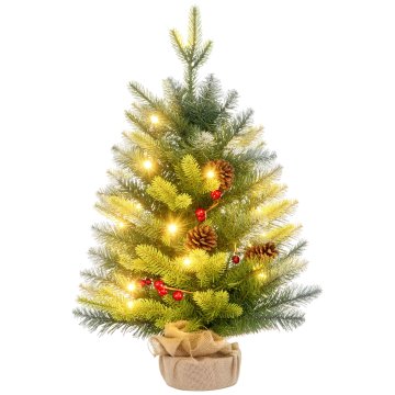 HOMCOM Mini božično drevo z vgrajenimi lučmi, 60 cm, majhno božično drevo z 141 vejami, storžmi, rdečimi jagodami, betonsko podlago, božično dekoracijo, za dom, notranjost, zeleno
