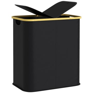 HOMCOM Košara za perilo 80L z 2 predelkoma s pokrovom, košara za perilo iz netkanega blaga in bambusa, 54x34x58.5 cm, črna