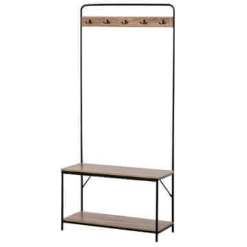 HOMCOM 3 V 1 obešalnik s klopjo in omarico za čevlje v industrijskem slogu, pohištvo za vhod v vintage slogu iz lesa in jekla, 80.5x30x170 cm, črna