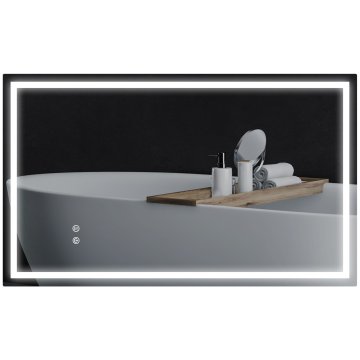 HOMCOM Ogledalo za kopalnico z LED lučmi, 3 barvne temperature in protitrdni sloj, 100x60 cm pravokotno stensko ogledalo reverzibilno z antizameglitvijo in pomnilniško funkcijo, IP44, transparentno