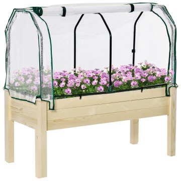 OUTSUNNY Dvignjena greda s pokrovom iz pe, zunanja dvigalka iz jelke s 4 drenažnimi luknjami, za cvetje in zelenjavo, za vrt, balkon, 121x55x117 cm, barva lesa
