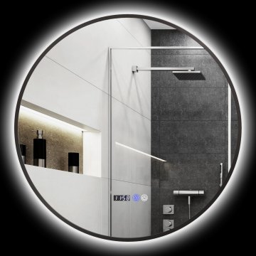 HOMCOM Ogledalo za kopalnico z prilagodljivo LED lučjo, okroglo ogledalo proti megli 70 cm, stensko ogledalo s smart touch z prikazom časa in temperature in funkcijo spomina, IP44, črno