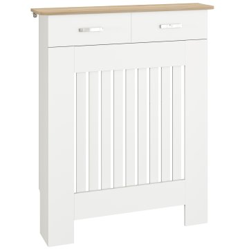 HOMCOM Moderno pokrivalo za radiator z letvicami protiprevračalno s predalom za shranjevanje, leseno pokrivalo za radiator za dnevno sobo, hodnik in pisarno, 78x19x97 cm, bela
