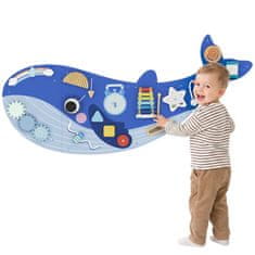 AIYAPLAY Montessori lesena zasedena plošča za otroke od 2 let, 13 v 1 senzorna stenska plošča s temo kita z zobniki, poti s kroglicami, ura in glasbene dejavnosti, modra