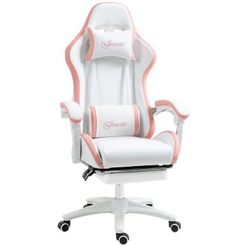 VINSETTO Ergonomski igralni stol iz PU usnja in jekla z nastavljivim naslonom za glavo in nastavljivo višino, igralni stol z nagnjenim naslonom in ledveno blazino, 65x65x121-129 cm, bela in roza