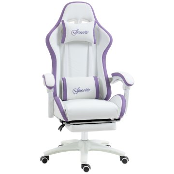 VINSETTO Ergonomski igralni stol iz PU usnja in jekla z nastavljivim naslonom za glavo in nastavljivo višino, igralni fotelj z nagibnim hrbtom in ledveno blazino, 65x65x121-129 cm, bela in vijolična