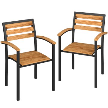 OUTSUNNY Komplet 2 zlagljivih vrtnih stolov iz macesnovega lesa, zunanja jedilna stola iz jekla z nasloni za roke, rebrasto naslonjalo, za patio balkon teraso zunanjost, 56x59x84 cm, barva lesa