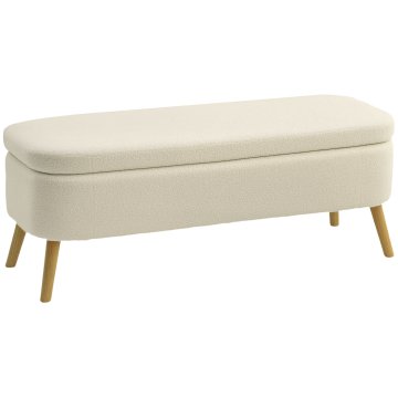 HOMCOM Shranjevalna klop 65L iz teddy tkanine in lesenimi nogami z oblazinjenim sedežem, skrinja otoman podstavek za noge za spalnico, vhod in dnevno sobo, 120x42x45 cm, bež