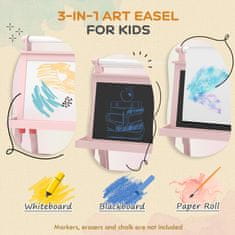 AIYAPLAY Tabla za otroke izbrisljiva z dvojno stranjo s zvitkom papirja in 2 posodama, magnetna tabla bela, črna z lesenim umetniškim stojalom za slikanje in darilo, 3-6 let, roza