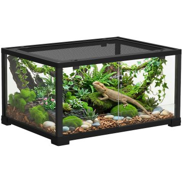 PAWHUT Terarij za plazilce dvignjen 60x45x32 cm z dvojno ključavnico, vrata za hranjenje, prezračevanje in 360° pogled, terarij s kovinsko mrežo za kuščarje, pajke, gekone, kače, črn