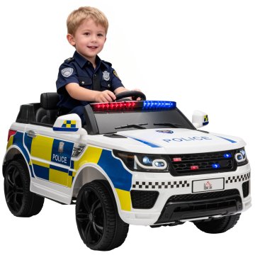 HOMCOM Policijski električni avto za otroke, 12V električni avto za otroke z daljinskim upravljanjem, sirena, luči in USB priključek za glasbo, 110x68x52cm, bela